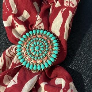 Red and Turquoise Scarf with Decorative Scarf Slide